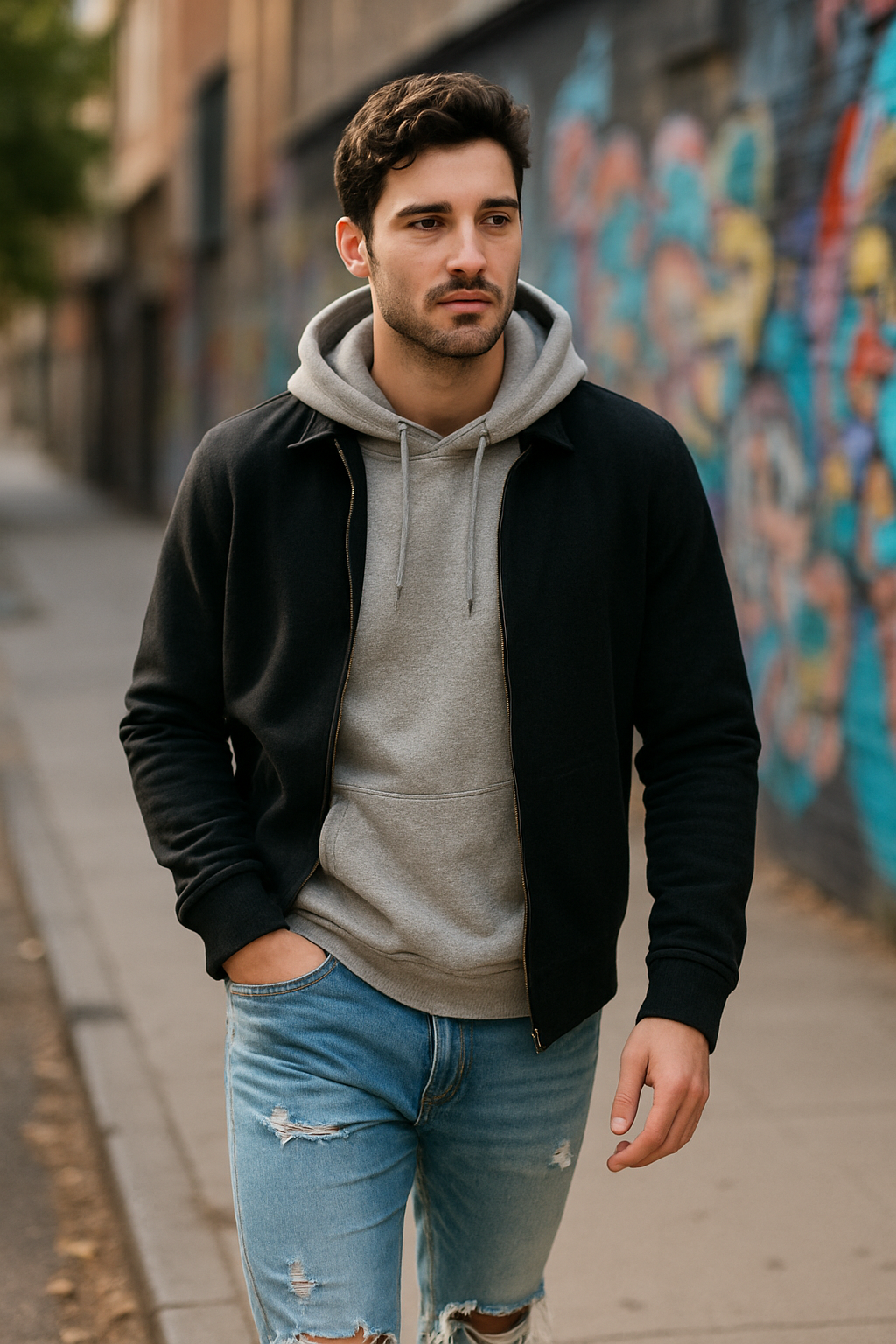 A man walking on a city street wearing a gray hoodie under a black jacket and ripped jeans.
