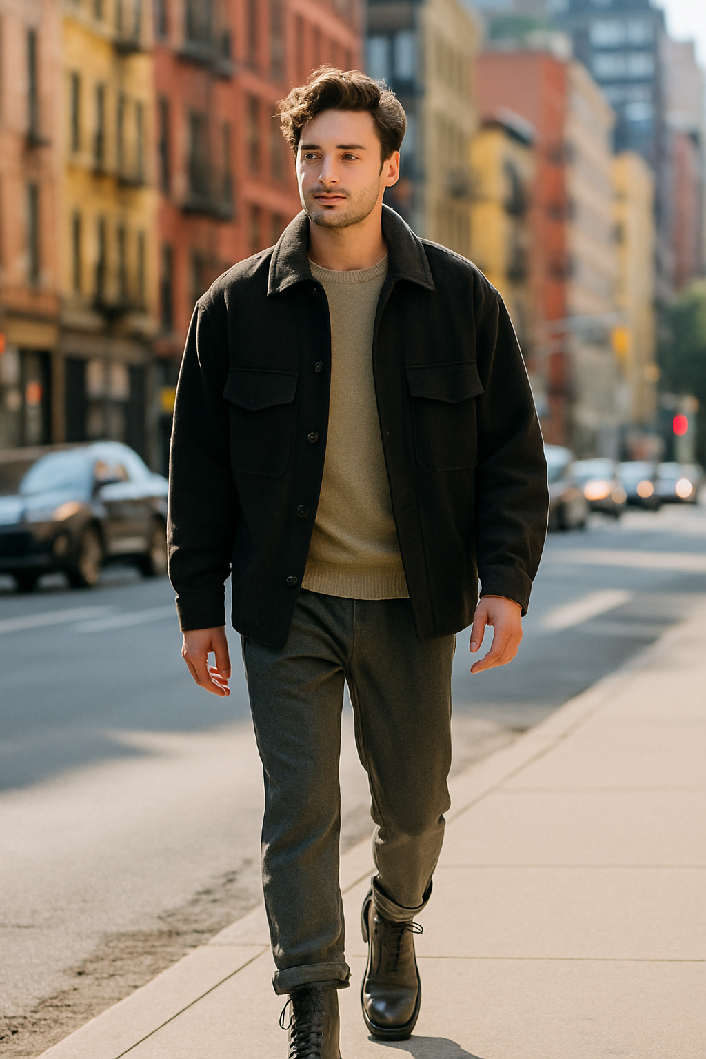 A man walking in the city wearing grey trousers, a sweater, and a jacket.
