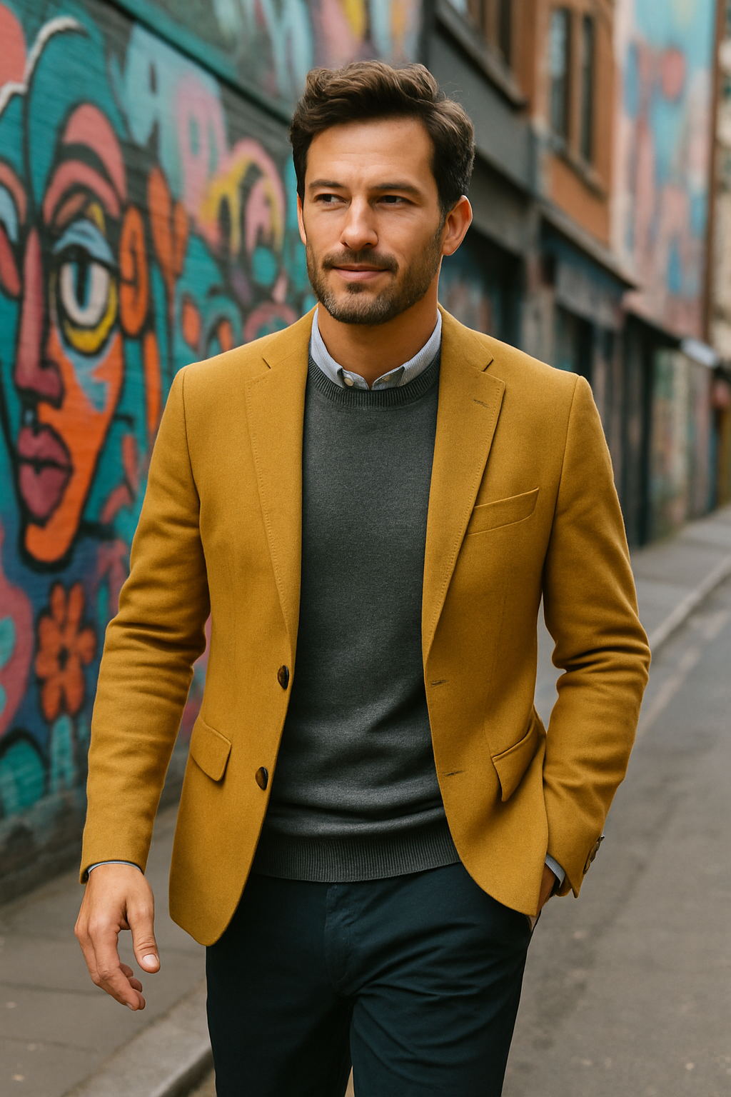 A man wearing a yellow blazer over a gray sweater, walking in front of a colorful street mural.