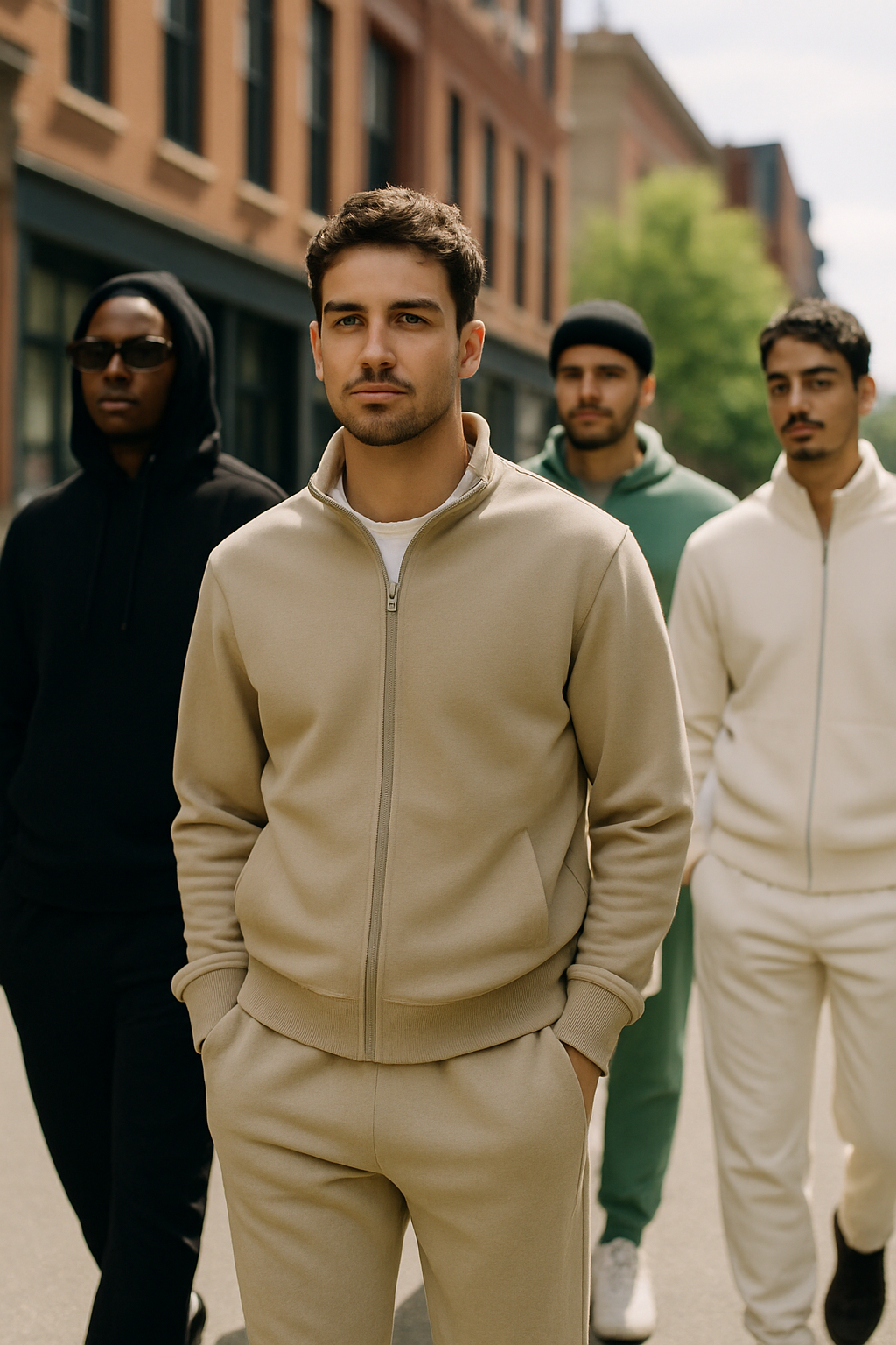 A group of men wearing stylish track suits walking down the street