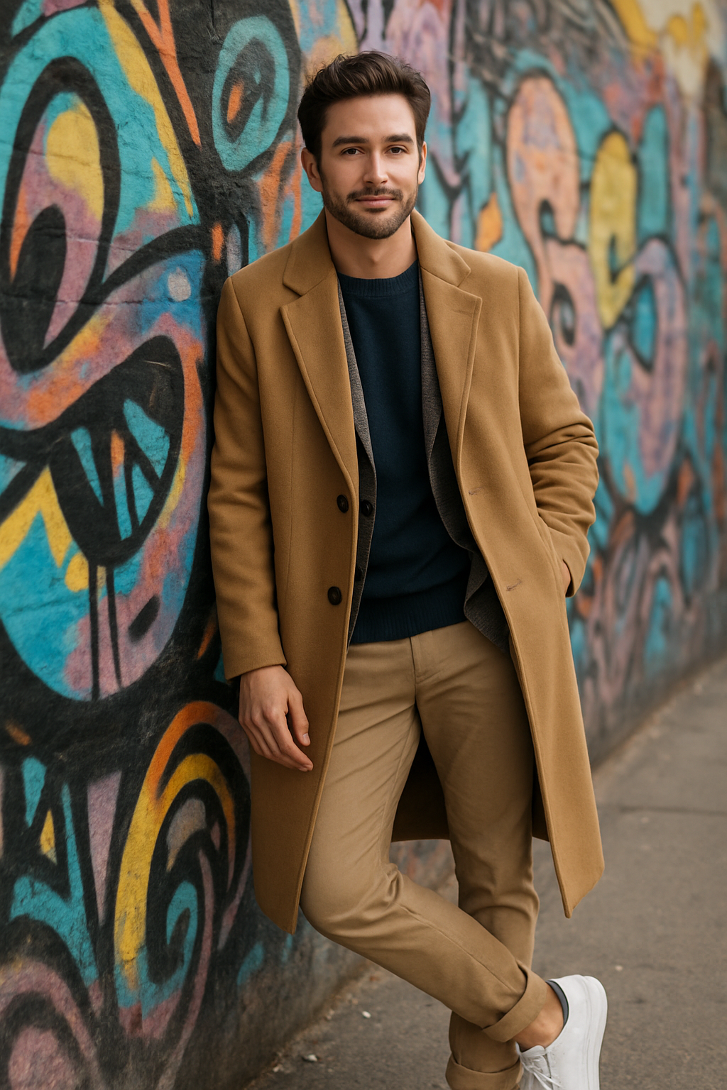 A man wearing a camel long overcoat, navy sweater, and light trousers, leaning against a colorful graffiti wall, showcasing a stylish street look with white sneakers.
