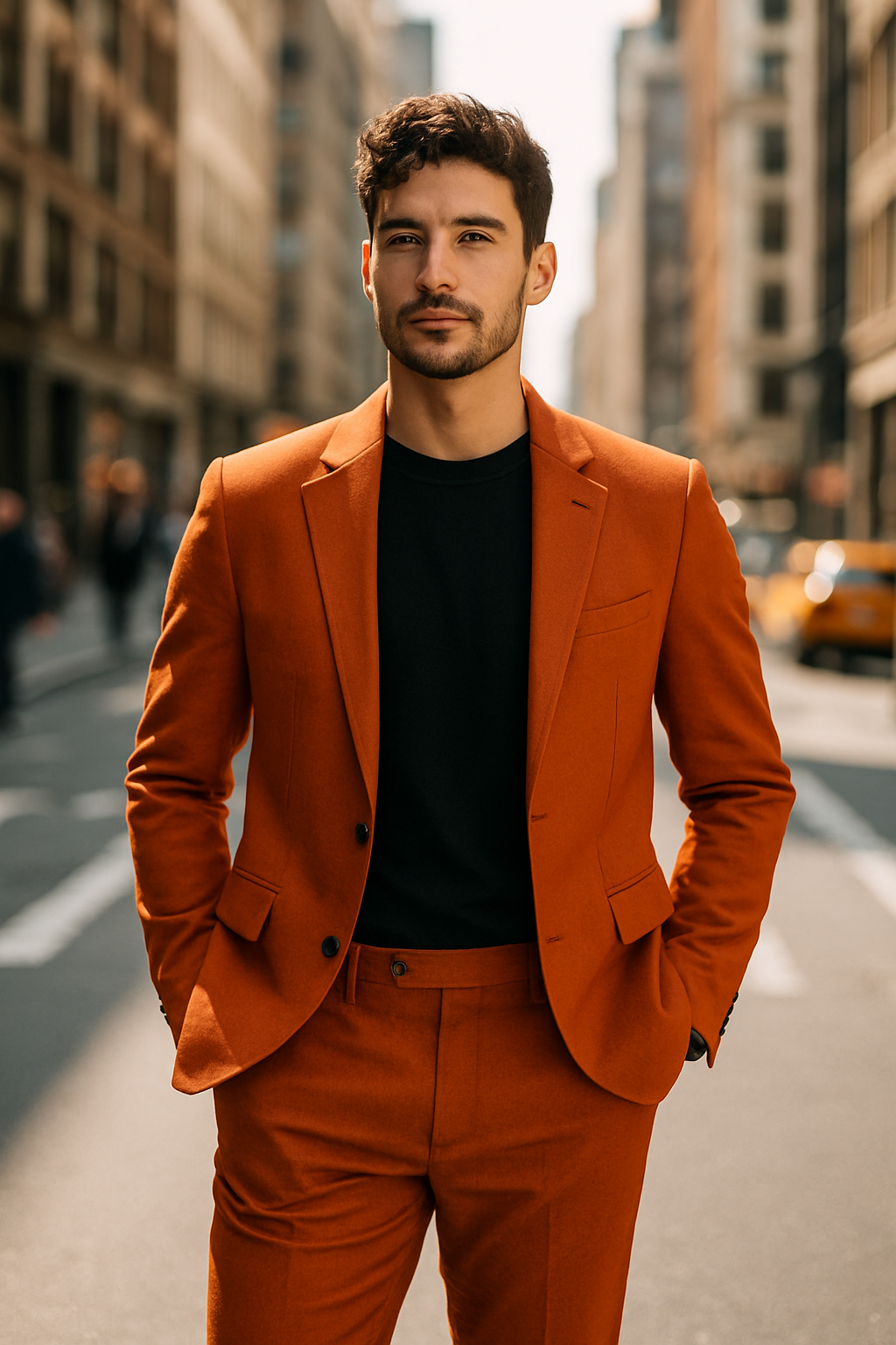 A man wearing an orange suit with a black t-shirt, standing confidently on a city street.