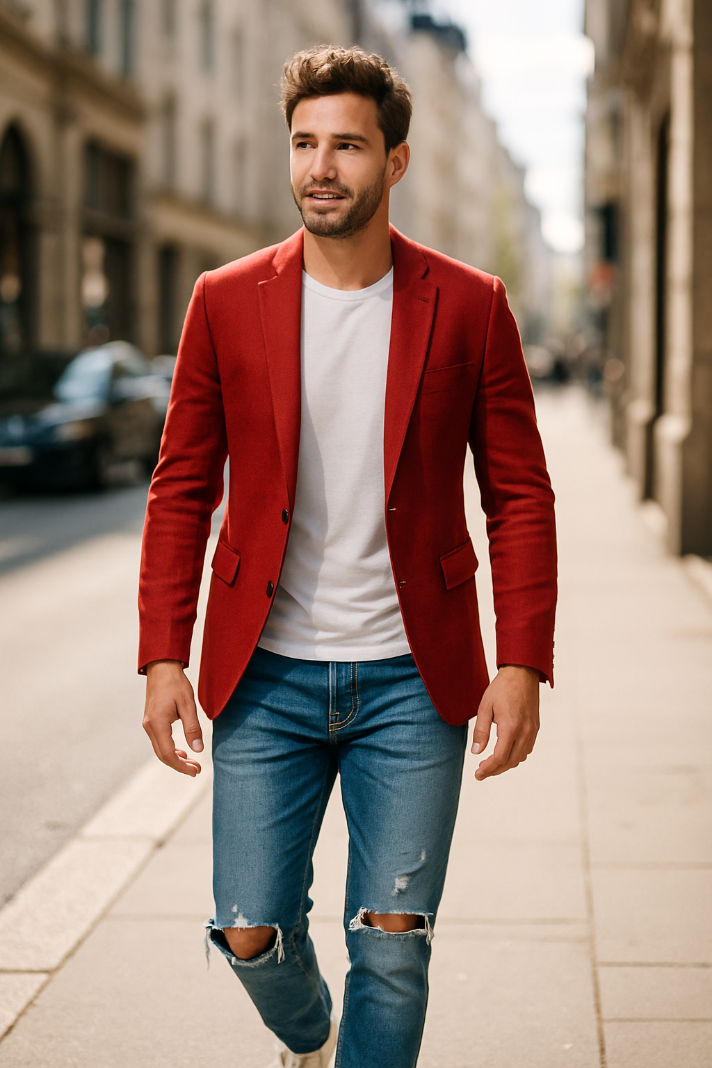A man wearing a red blazer and distressed jeans walking on a city street.