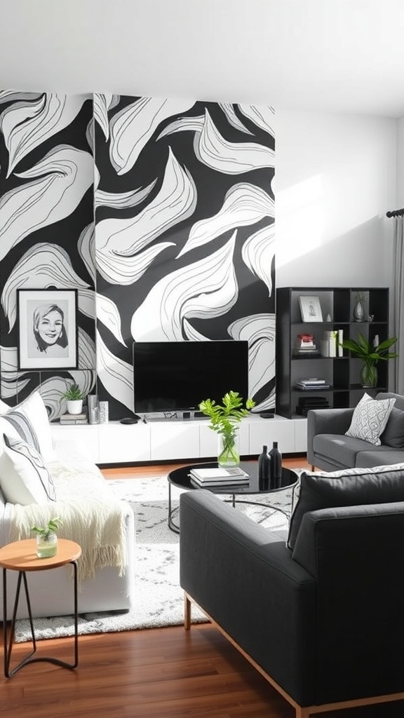 A modern living room featuring striking black and white wallpaper with swirling patterns, complemented by stylish furniture and decor.