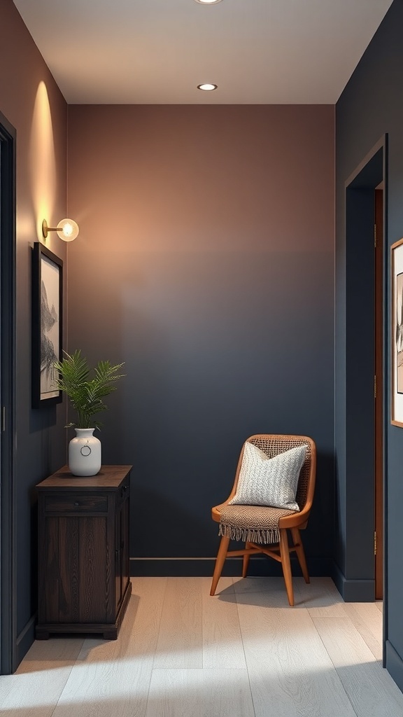 A hallway featuring a striking ombre wall effect, transitioning from a warm color at the top to a dark shade at the bottom, with a stylish chair and cabinet.