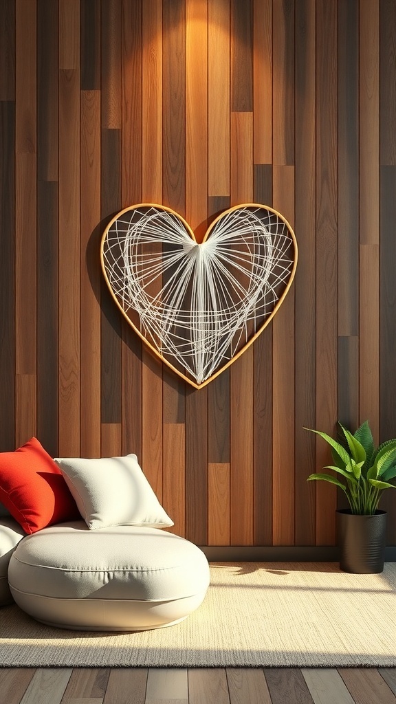 Heart-shaped string art hanging on a wooden wall with cozy seating and a plant.