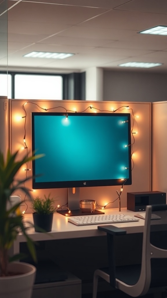 A monitor surrounded by string lights in a cubicle setting