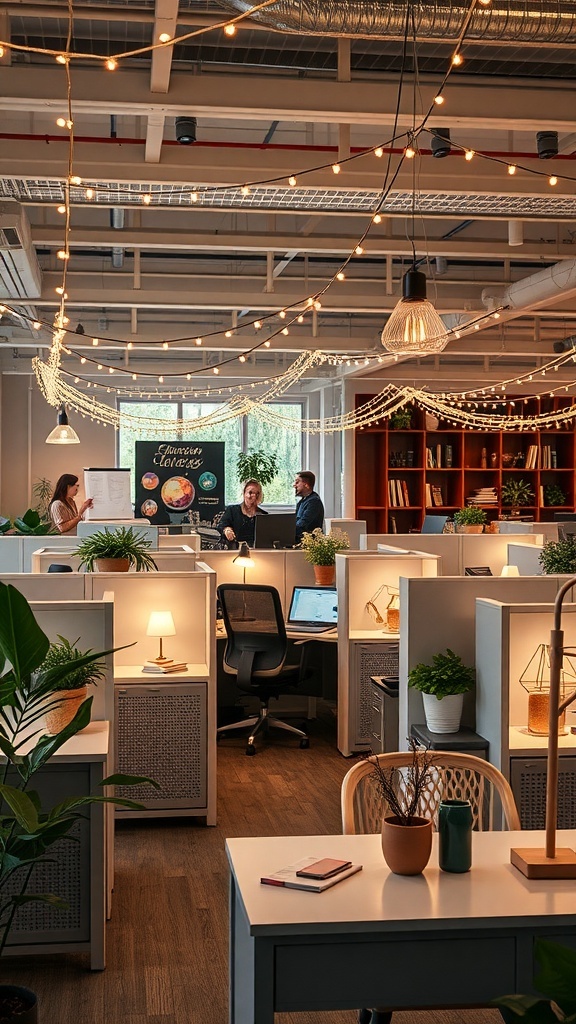 An office decorated with string lights, creating a warm and inviting atmosphere.