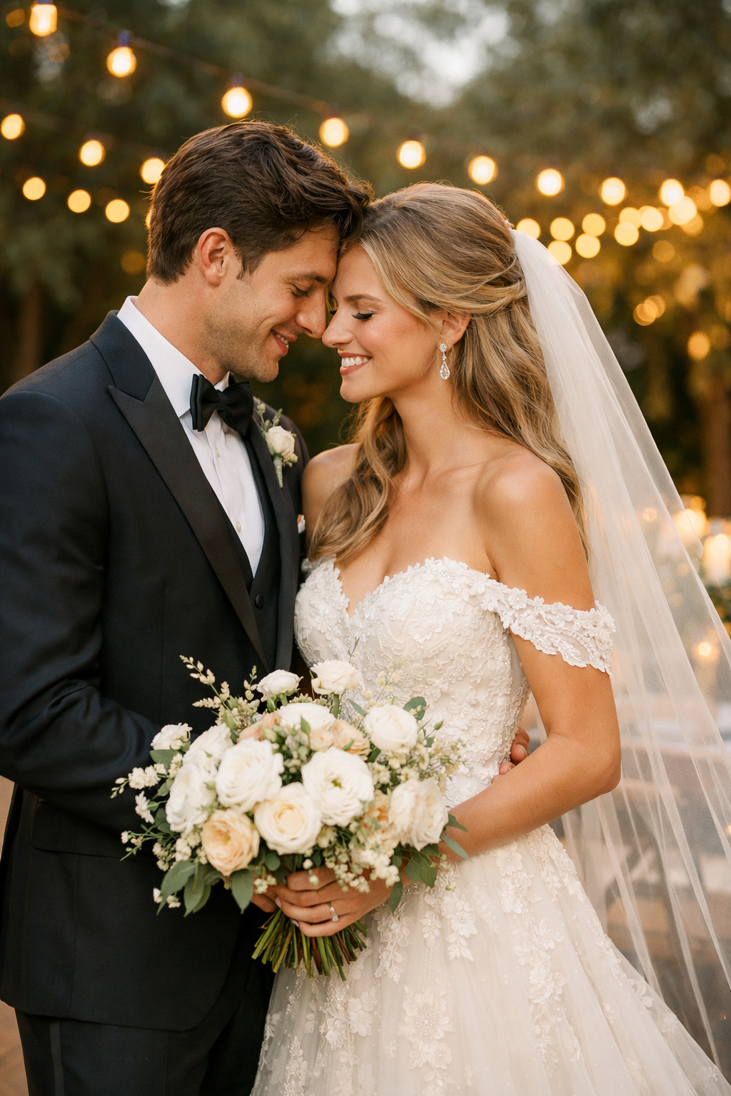 Couple smiling and embracing under string lights at a backyard wedding