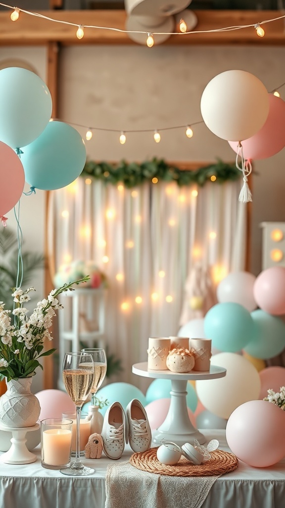 A beautifully decorated table with string lights, pastel balloons, and baby shower treats.