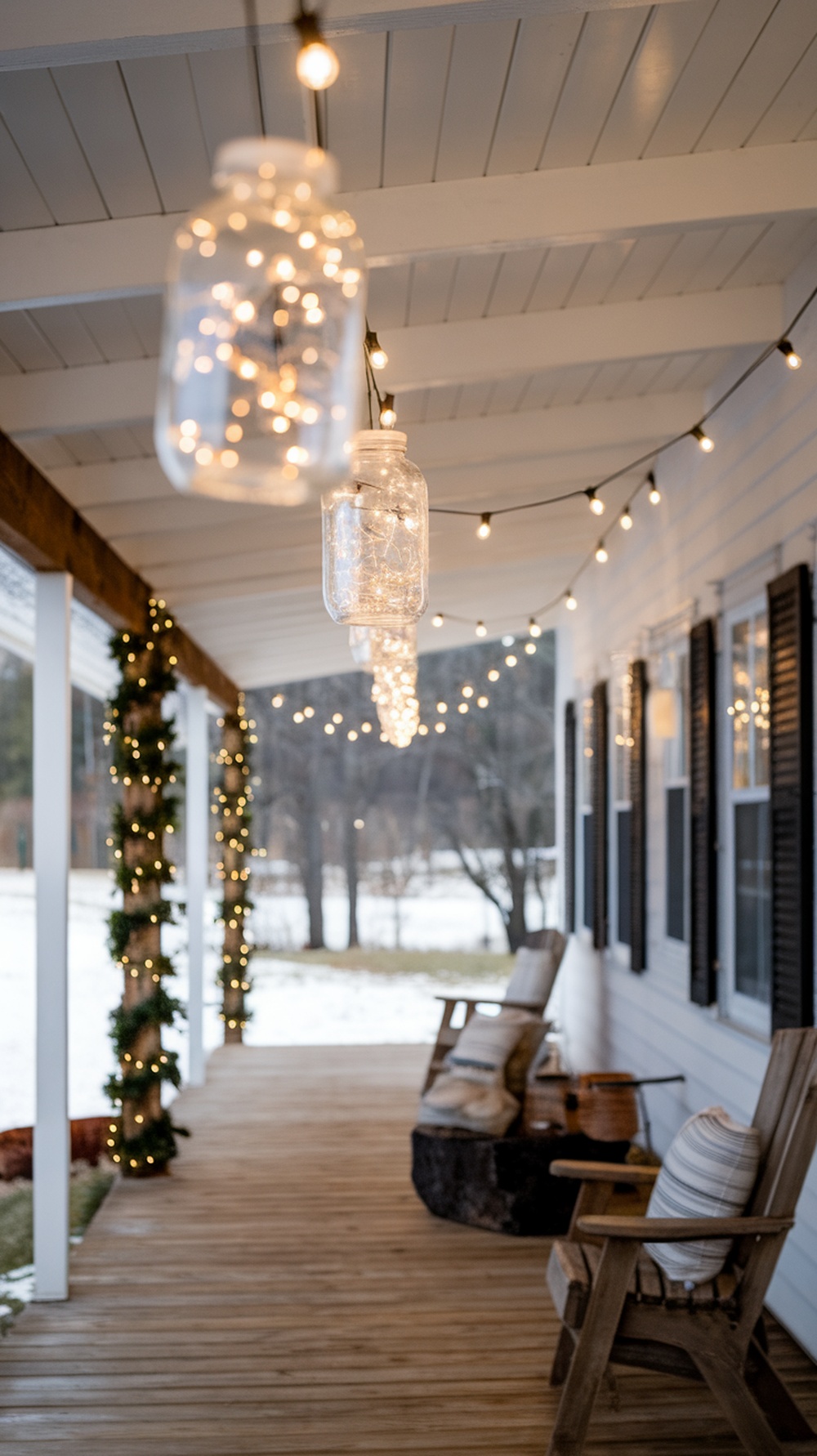 String lights in mason jars hanging on a porch, creating a warm and festive atmosphere