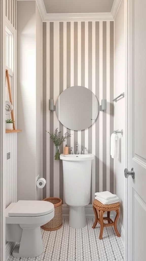 A small bathroom with vertical striped wallpaper, a round mirror, and minimalistic decor.