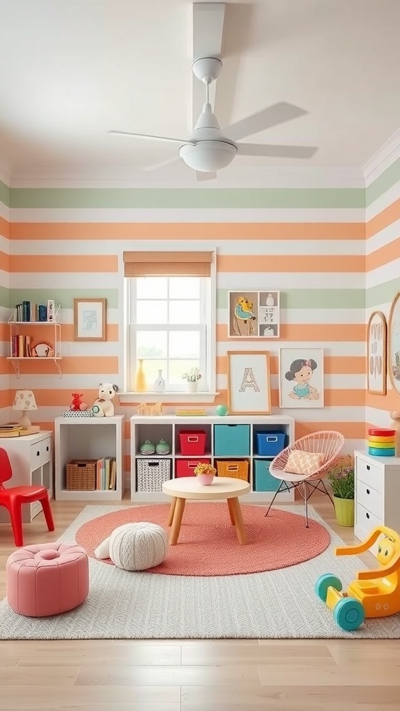 A colorful playroom with horizontal stripes on the walls in shades of orange and green, featuring playful furniture and decor.