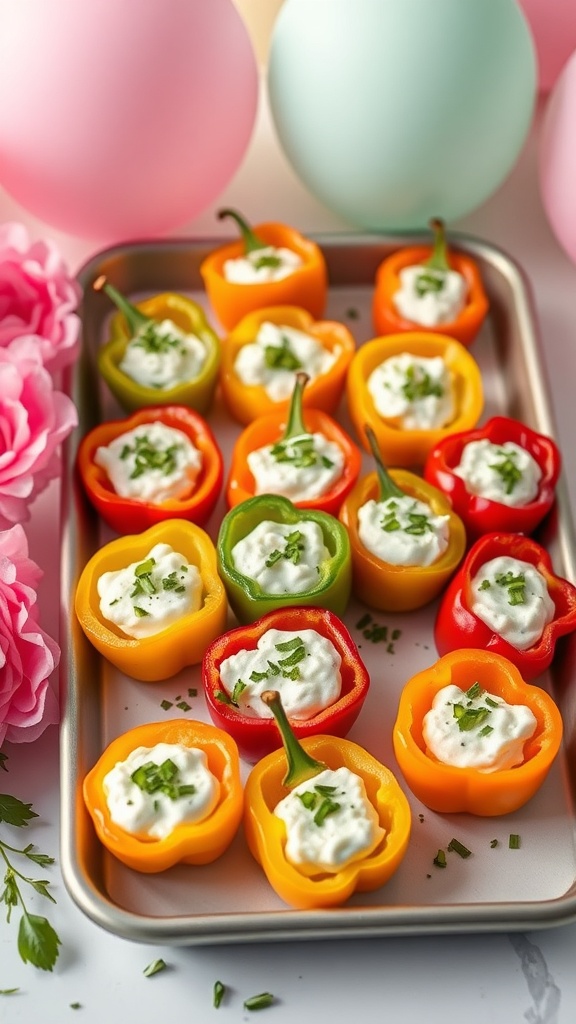 A tray of colorful stuffed mini peppers with cream cheese filling, surrounded by pink and blue balloons.