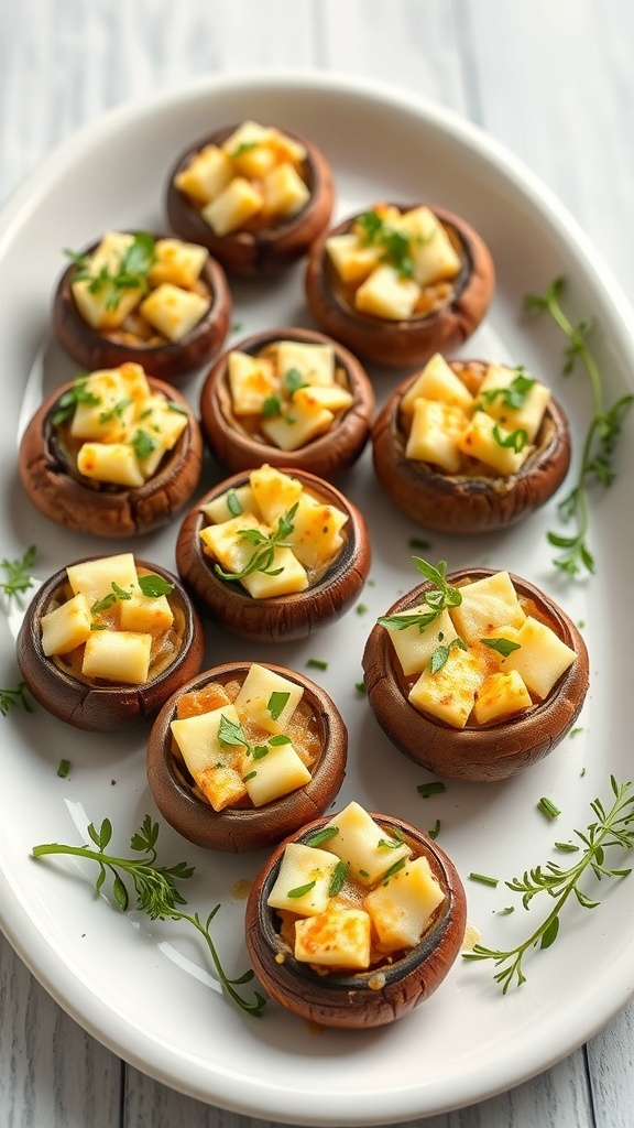 A platter of stuffed mushrooms filled with cheese and herbs