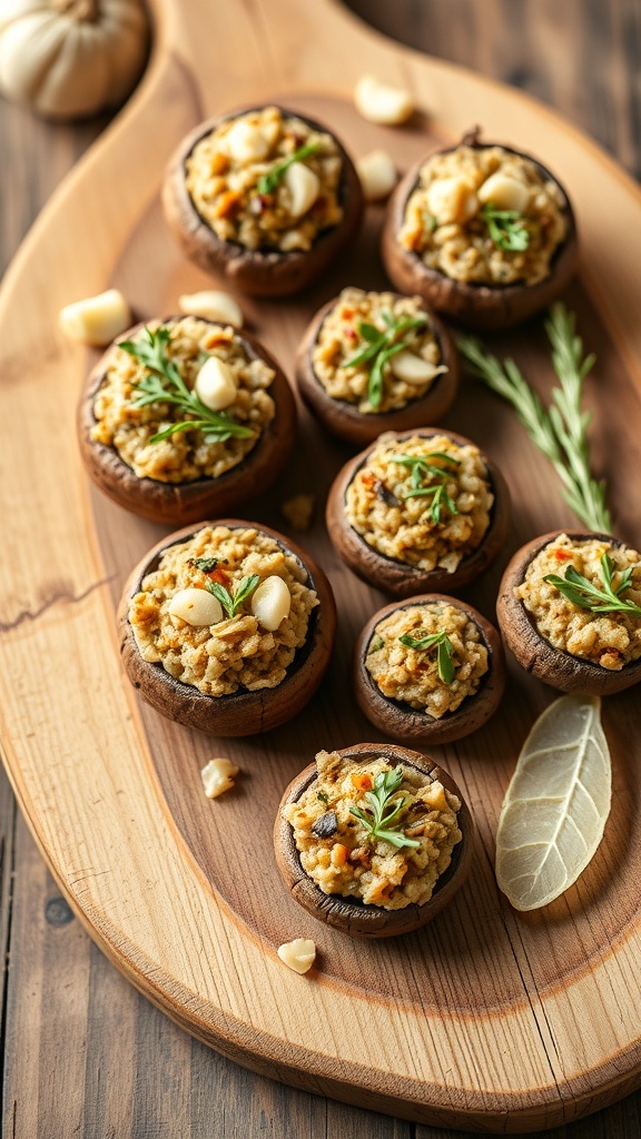 Delicious stuffed mushrooms with garlic and herbs arranged on a wooden platter.