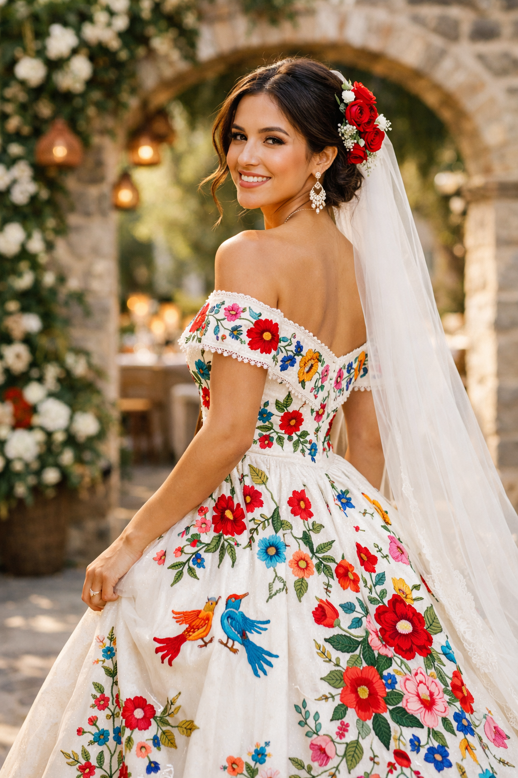A bride in a beautifully embroidered off-the-shoulder dress adorned with colorful flowers and birds, smiling while showcasing her elegant attire.