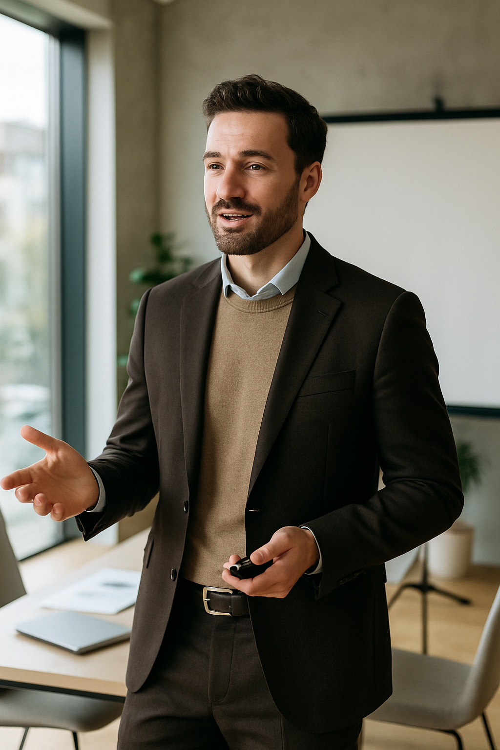 A man in a dark brown suit giving a presentation in a modern office setting.