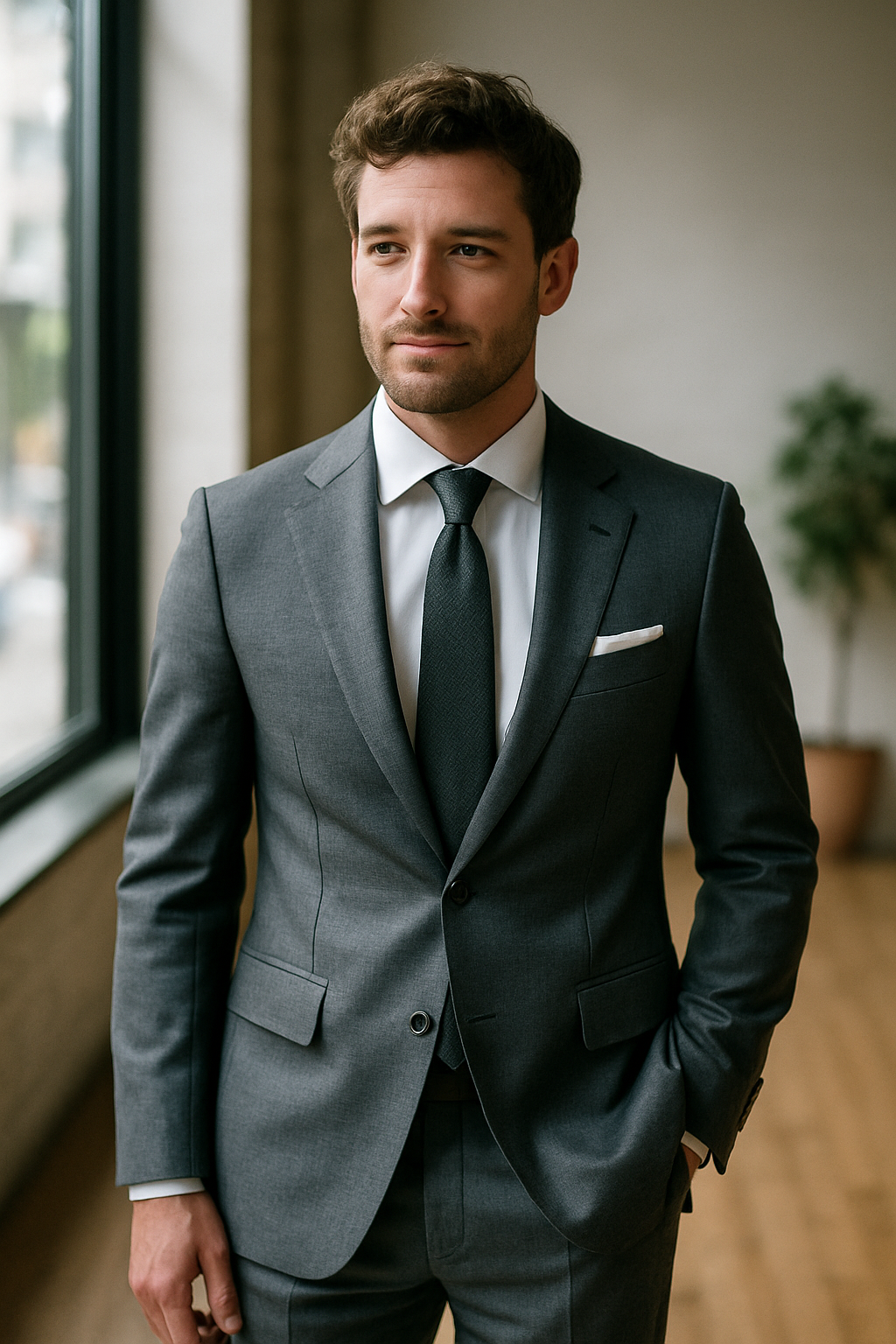 A man in a gray suit, looking confident and stylish.