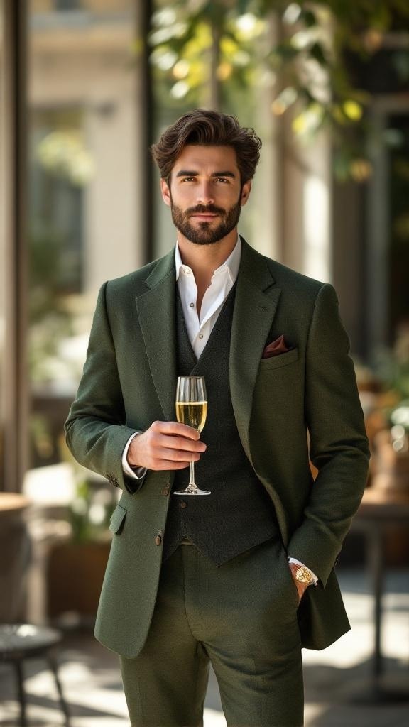 A man in a green suit holding a glass of champagne, exuding confidence at a formal event.