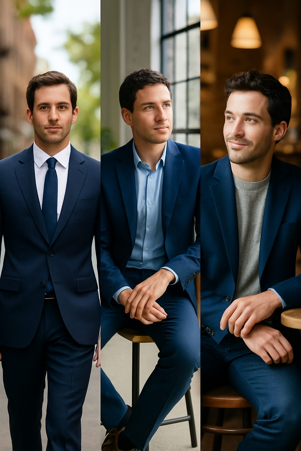 Three men in navy blue suits showcasing different styles for various occasions.