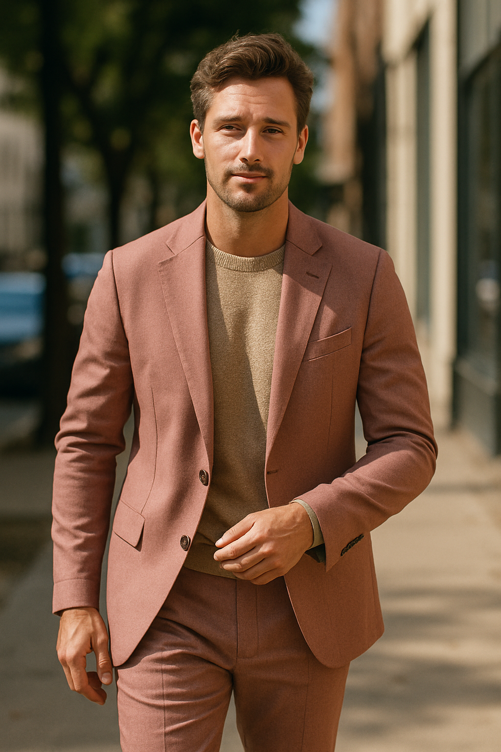 A man wearing a pink suit with a beige sweater, walking confidently on the street.