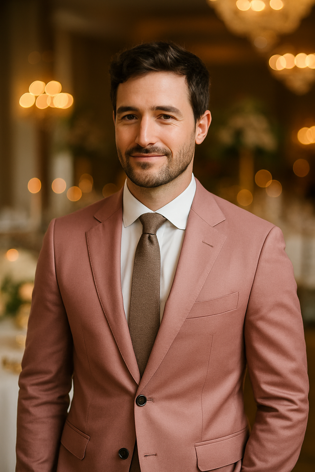 A man in a pink suit with a brown tie, smiling at a formal event.