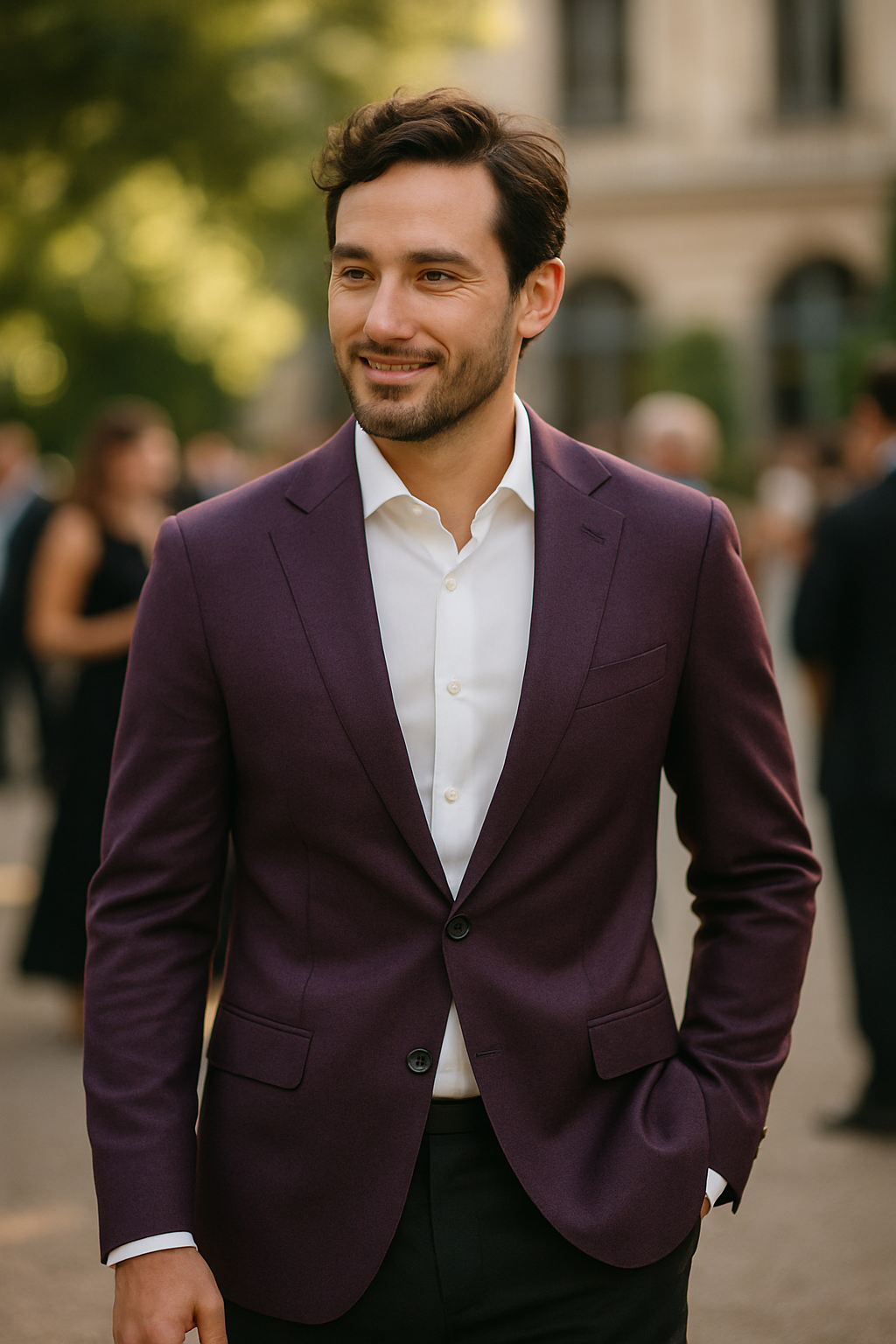 A man wearing a purple blazer and white shirt, smiling at a formal event.