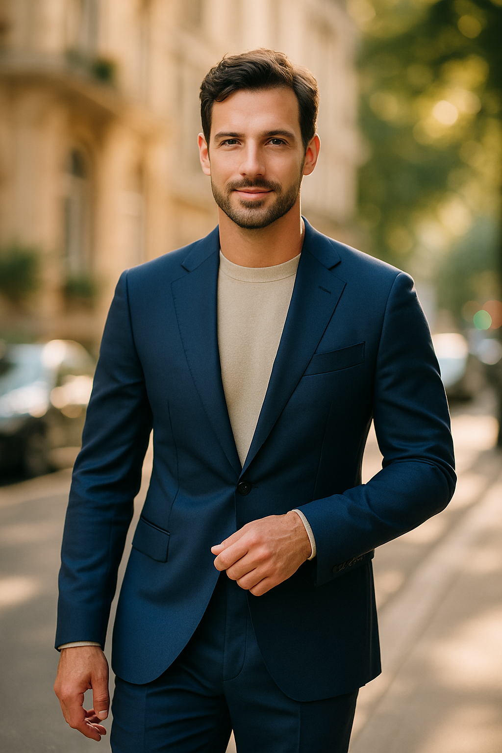 A man wearing a royal blue suit with a light-colored shirt, walking confidently on a city street.
