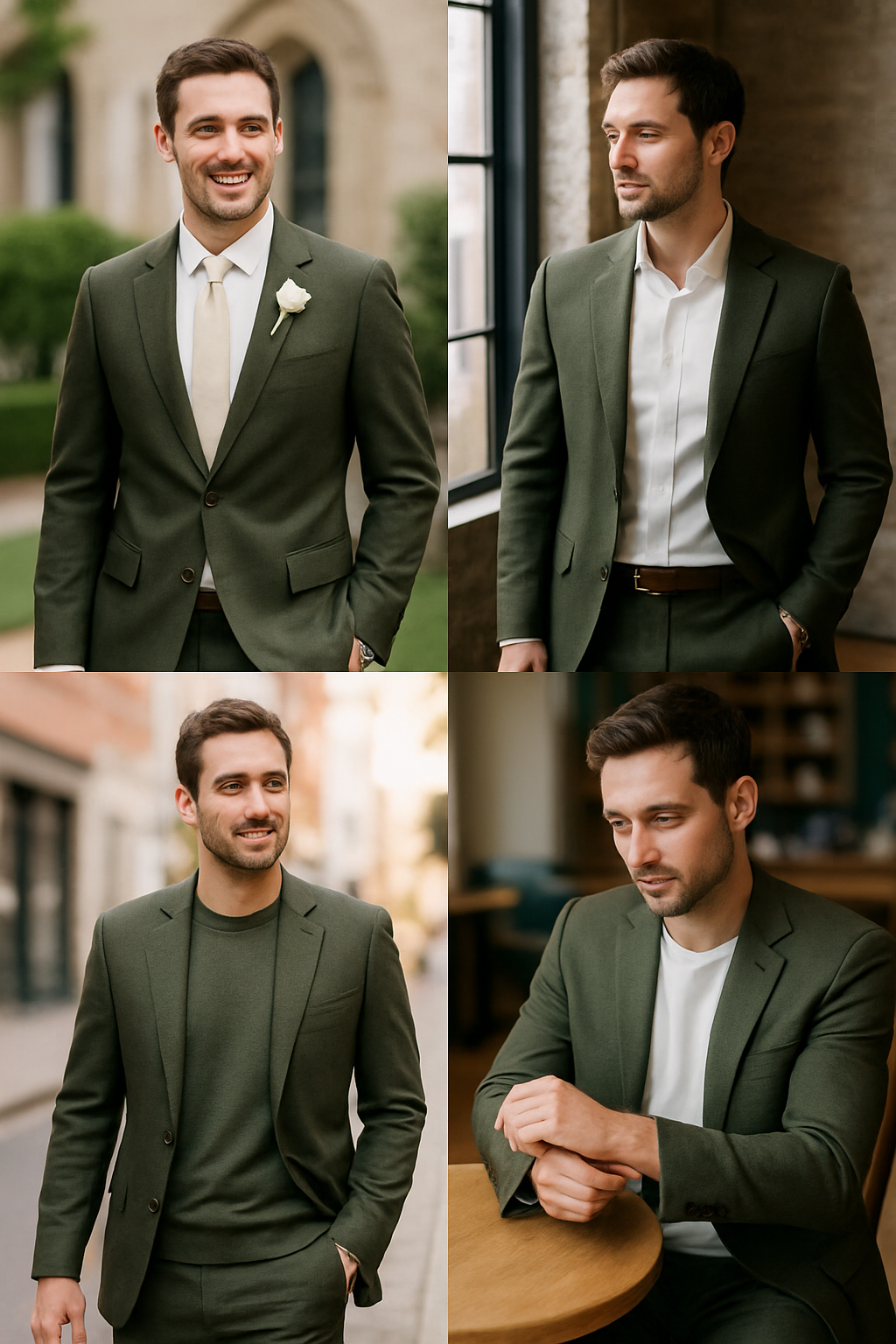 A collage of a man wearing an olive green suit in different styles and settings.