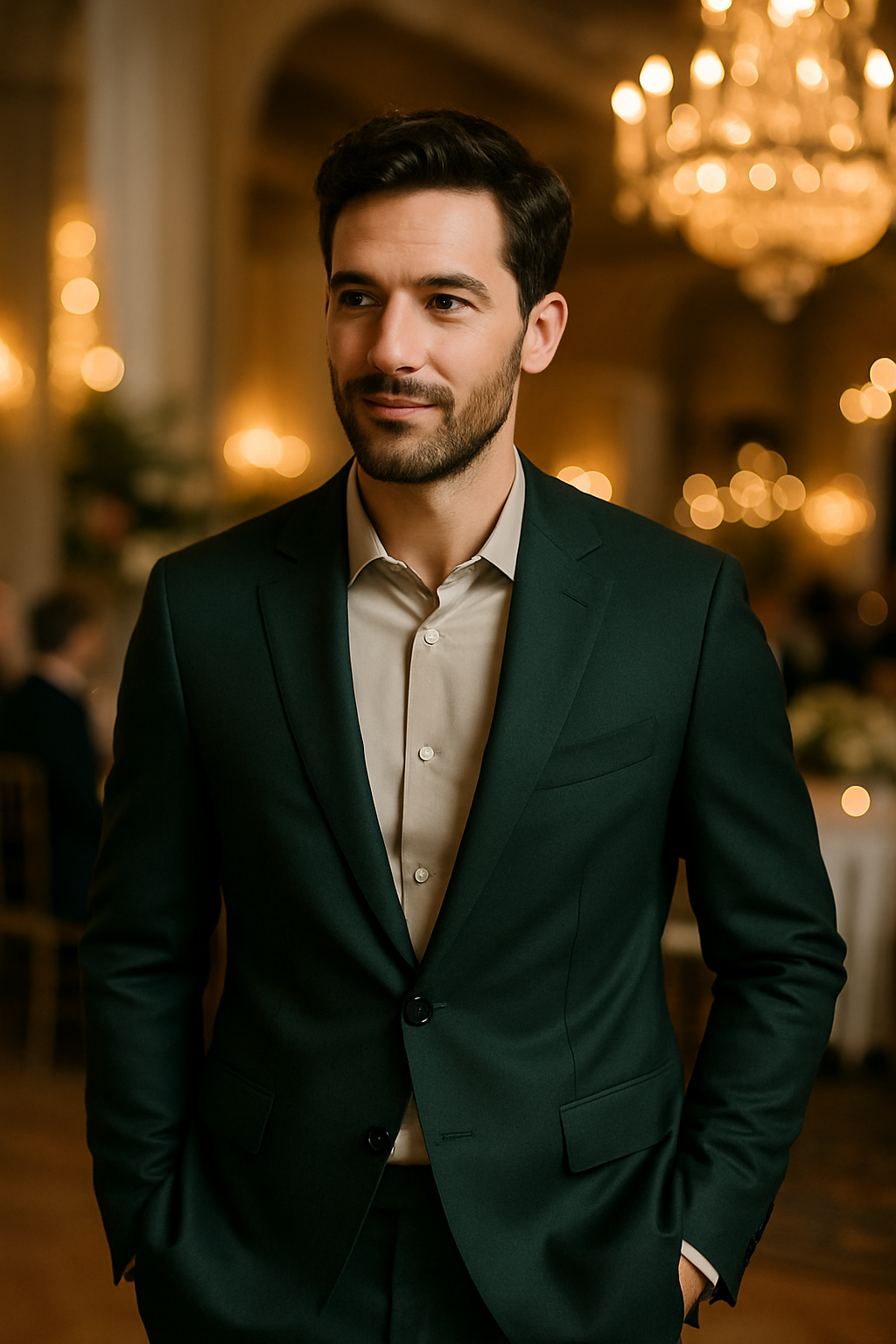 A man in a dark green suit with a light-colored shirt at a formal event.