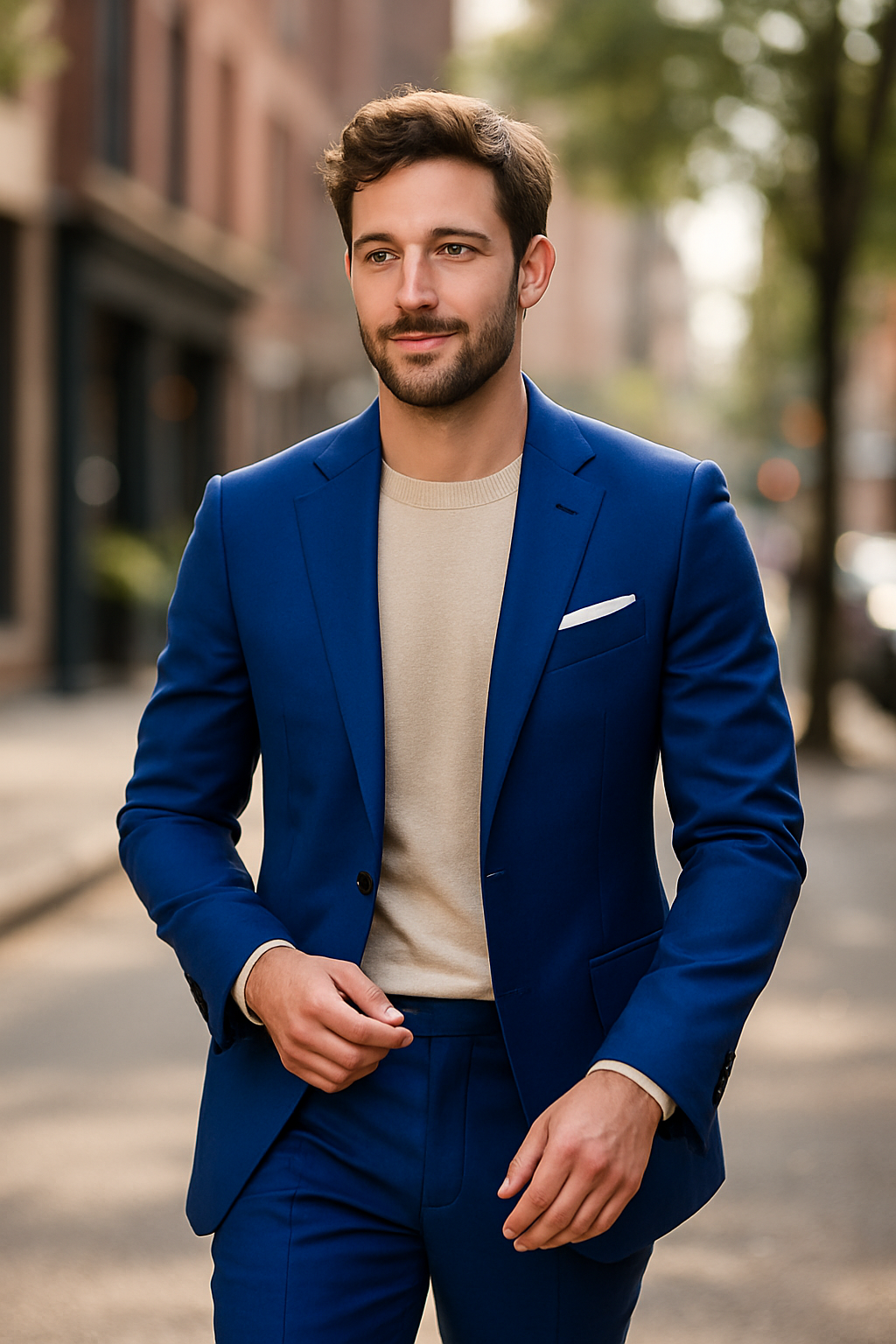 A man wearing a royal blue suit with a beige sweater, walking confidently on a city street.