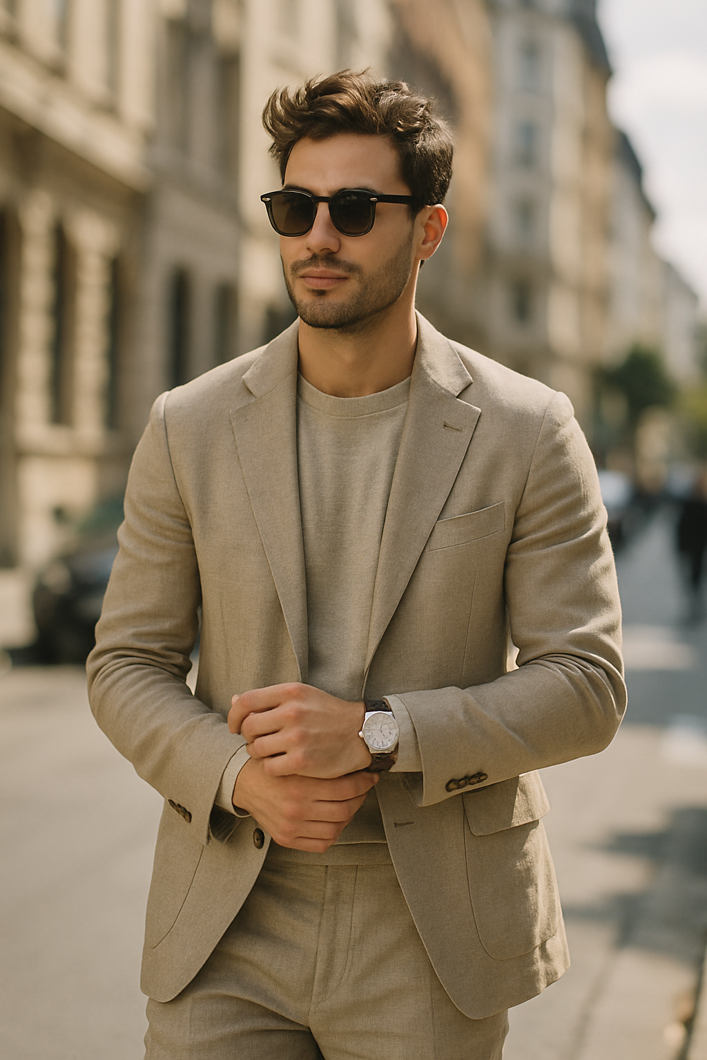 A man wearing a light beige linen suit with sunglasses, standing confidently on a city street.