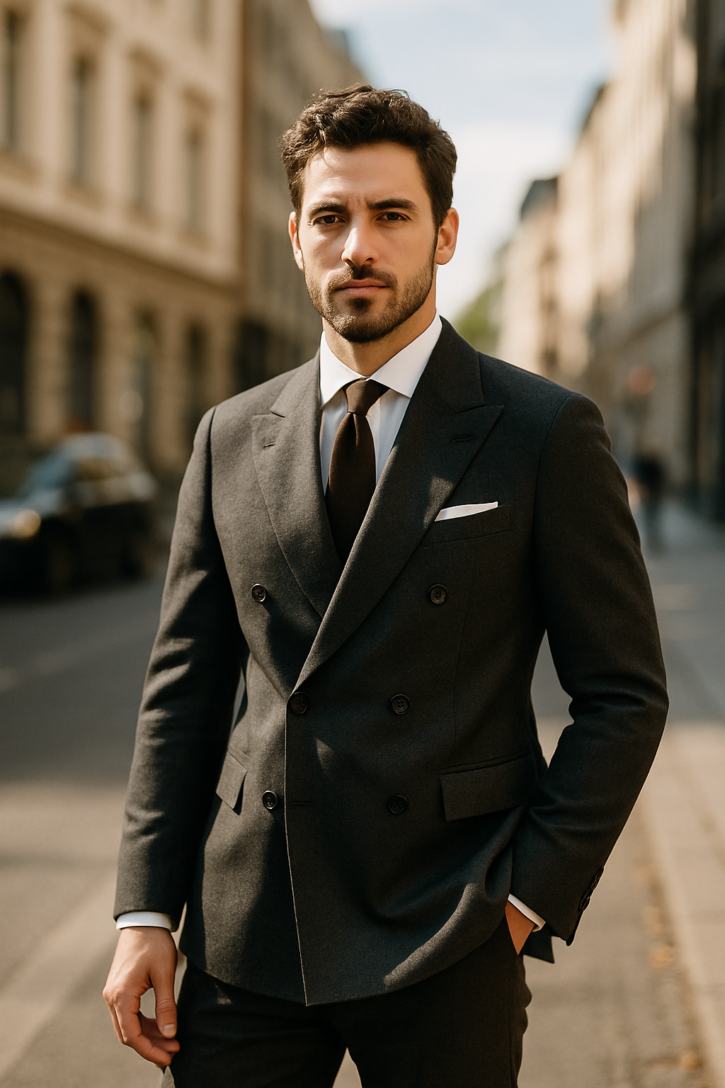 A man wearing a dark double breasted blazer with a white shirt and brown tie, standing confidently on a city street.