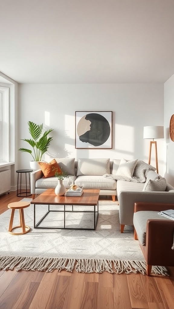 Cozy contemporary living room with a stylish area rug, modern furniture, and warm lighting.