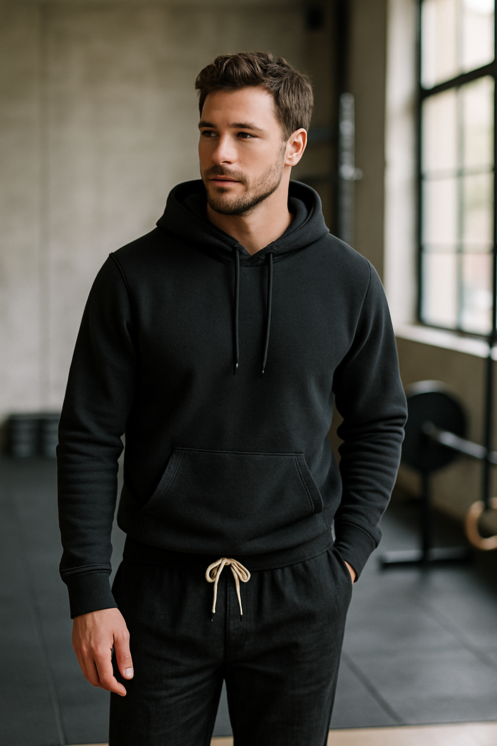A man wearing a black hoodie and black linen pants, standing in a gym-like environment.