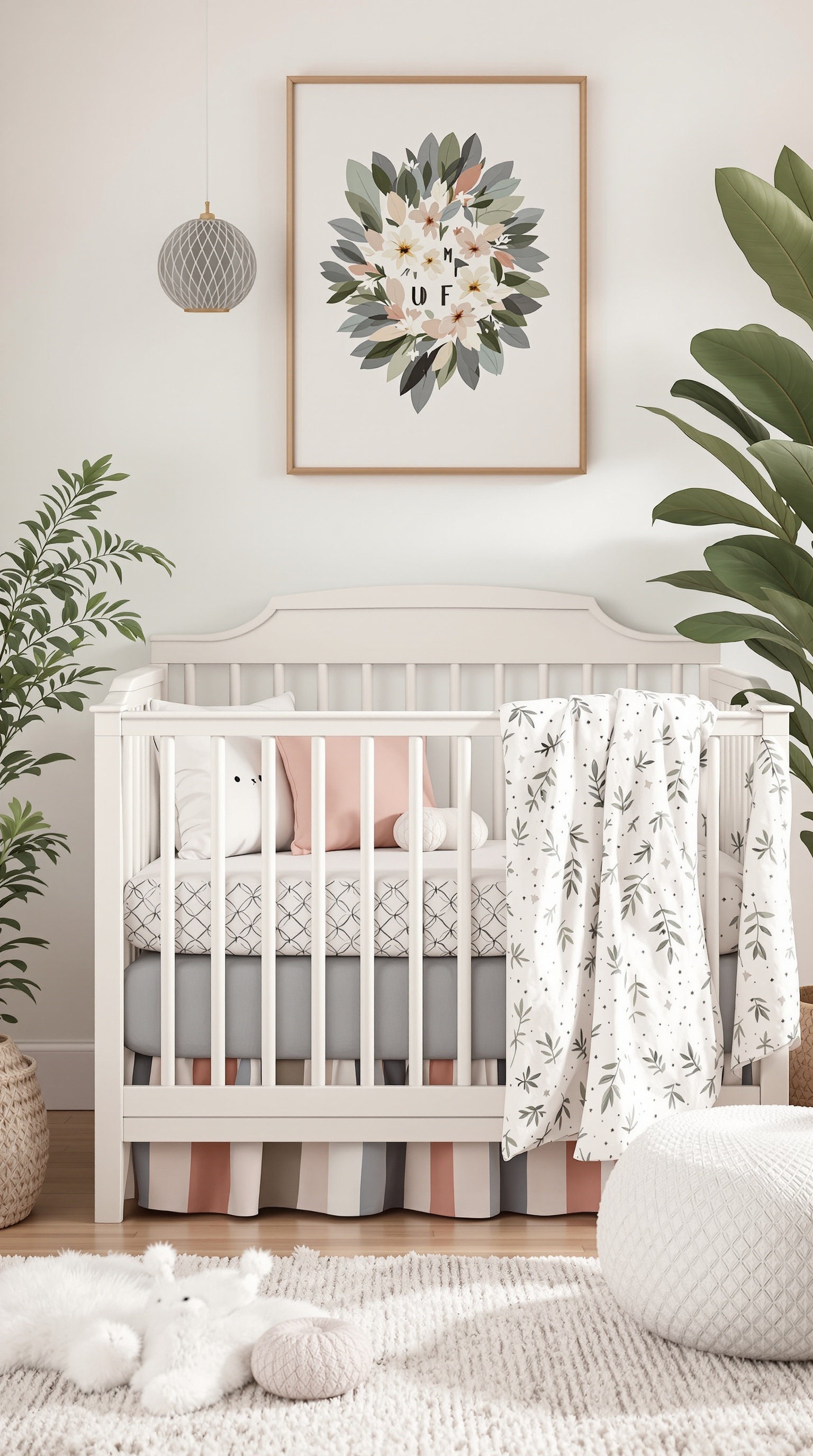Stylish baby crib with floral bedding and decorative pillows in a cozy nursery