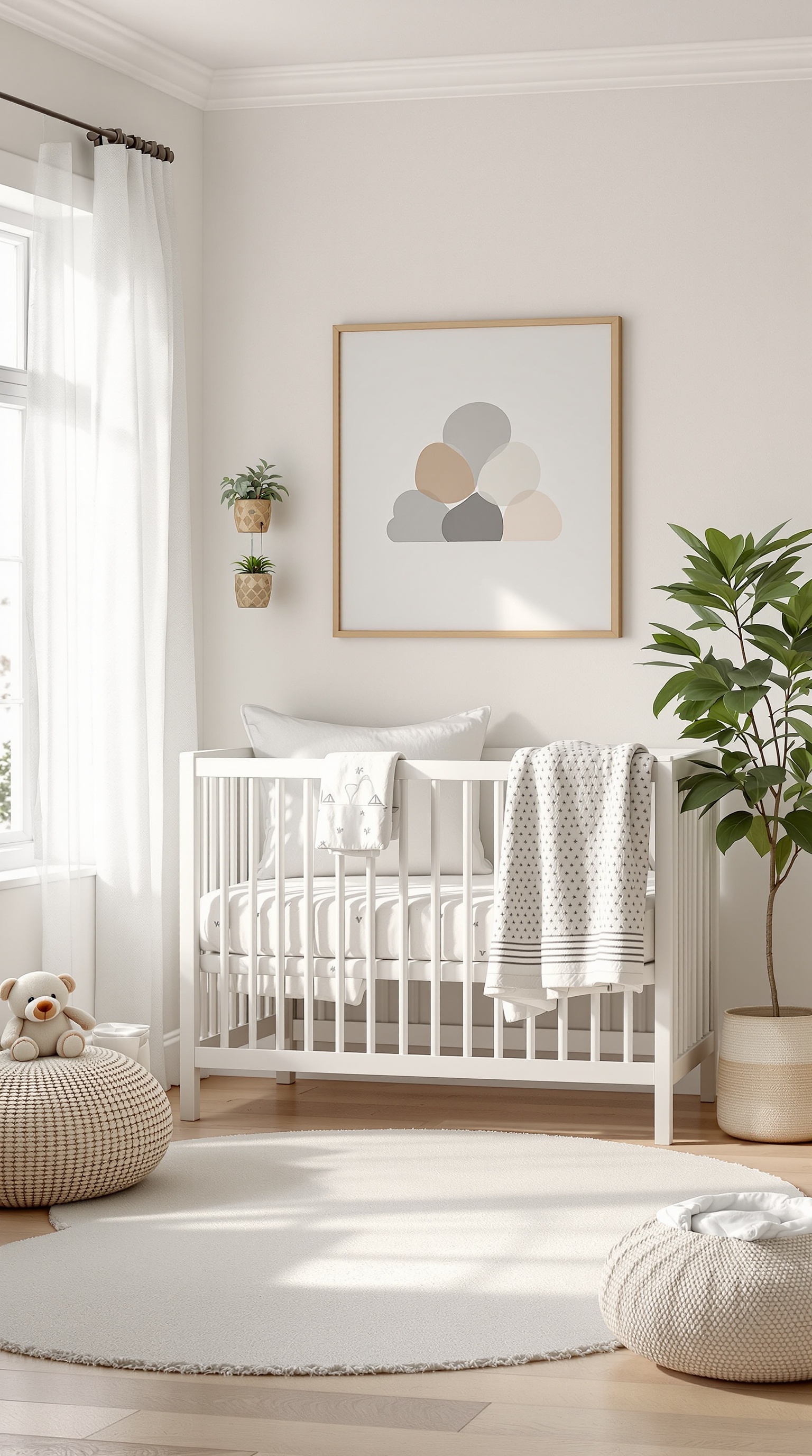 A stylish unisex baby room featuring a white crib, soft bedding, and a cozy atmosphere.