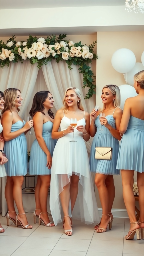 Group of friends at a bridal shower wearing baby blue dresses, with one in a white gown, celebrating together.