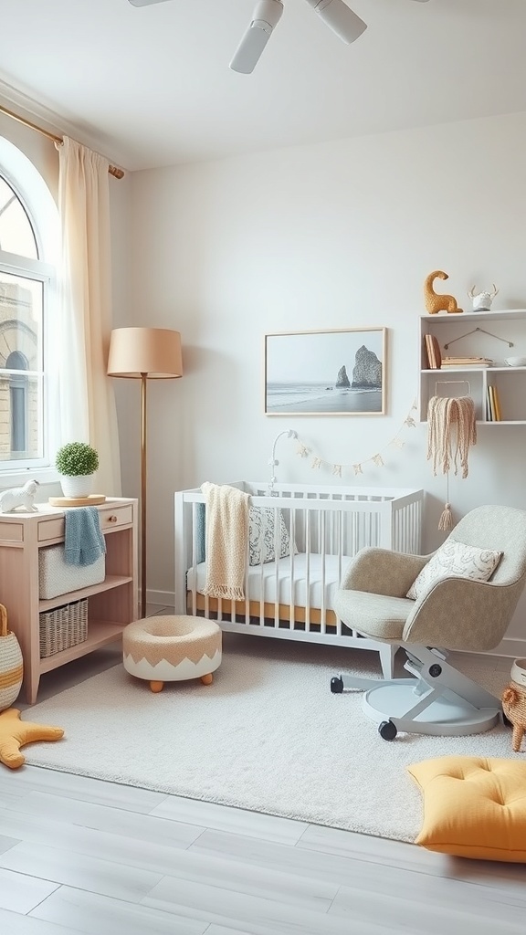 A stylish nursery featuring a crib, changing table, rocking chair, and soft decor.