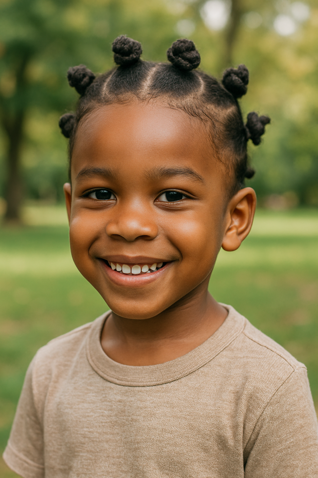 A young child smiling with Bantu knots hairstyle in a park setting.