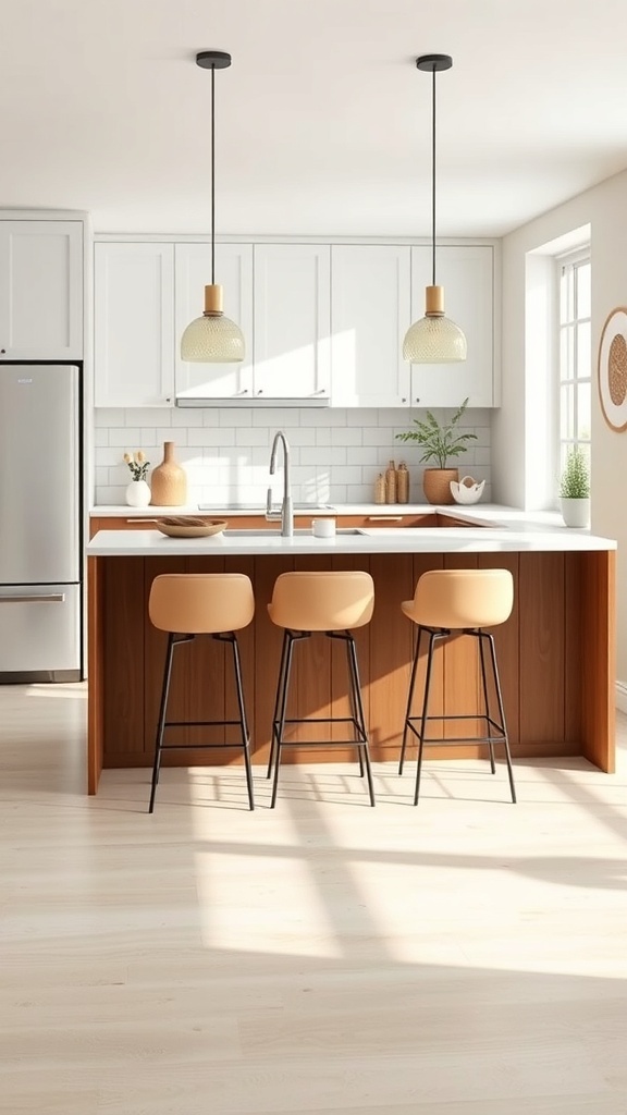 Stylish bar-height kitchen island with three stools and pendant lights