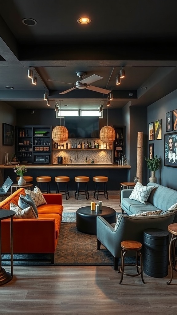 Stylish basement bar and lounge with comfortable seating and modern decor