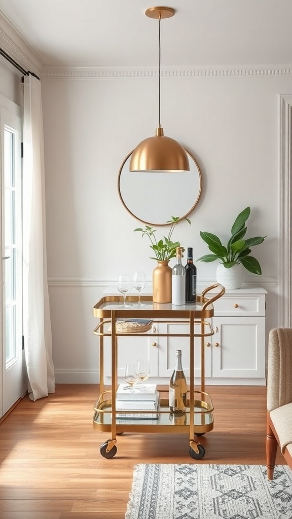 A stylish gold bar cart with drinks and glassware in a small dining room setting.