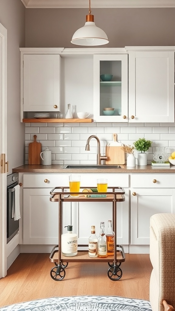 A small kitchen with a stylish bar cart, featuring drinks and glasses, surrounded by white cabinets and modern decor.