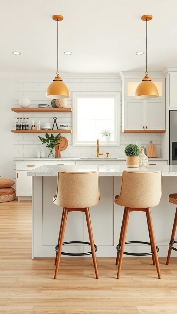 Stylish bar stools in a warm neutral kitchen with wooden legs and soft fabric.