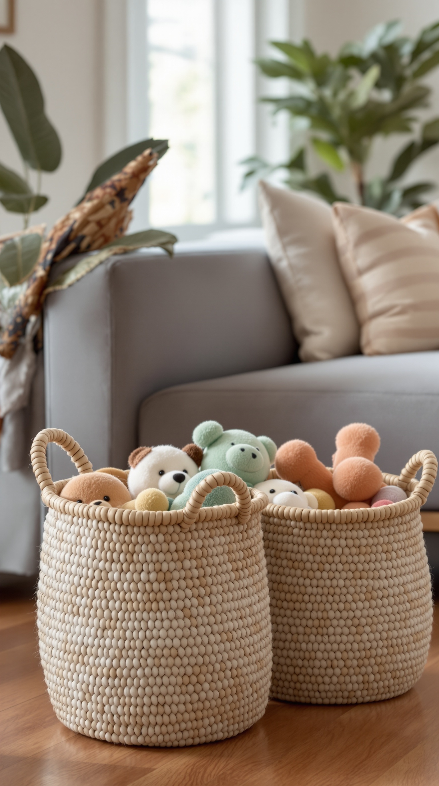 Two woven baskets filled with soft toys in a cozy living room setting
