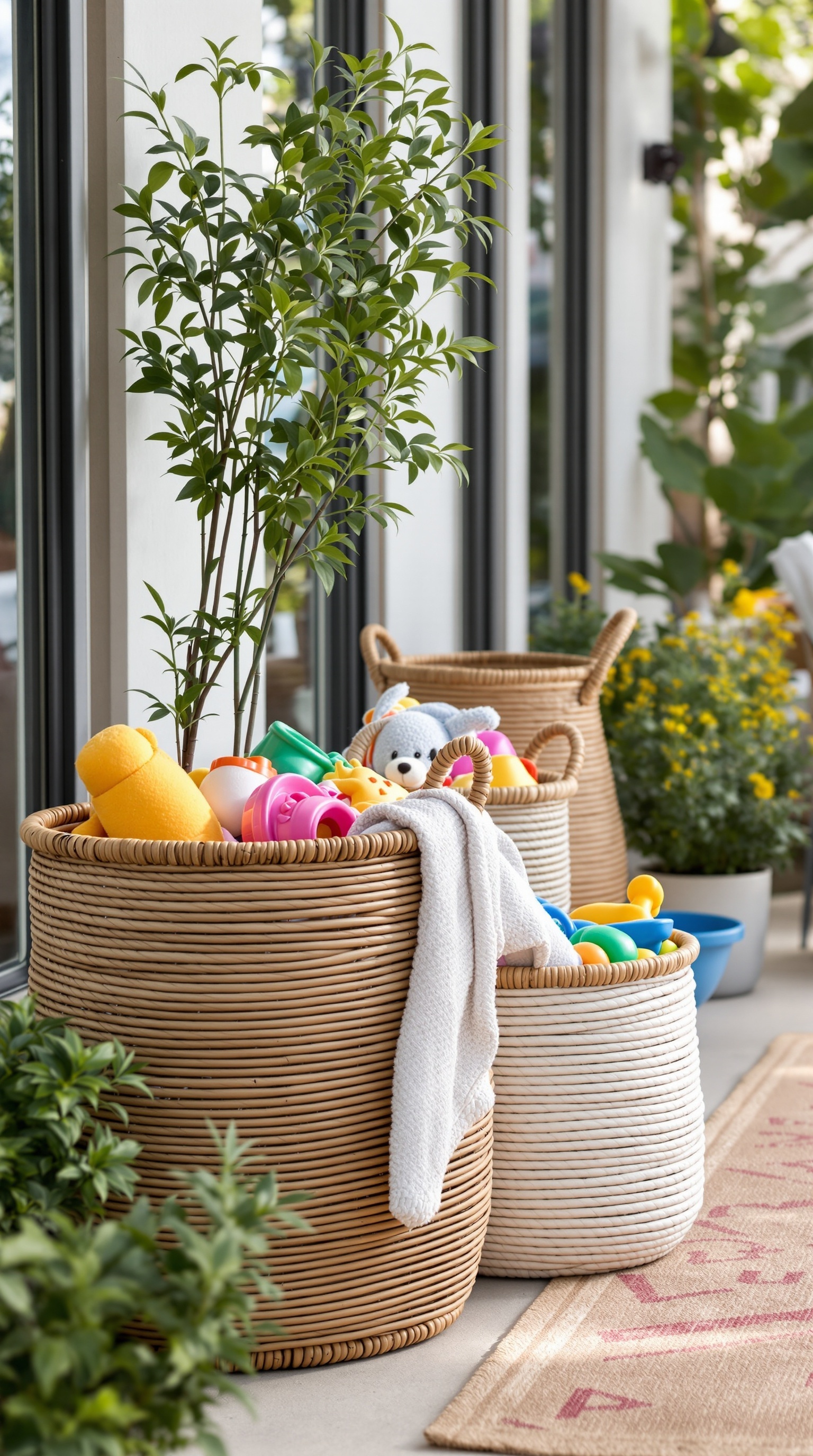 Two stylish woven baskets filled with colorful outdoor toys, surrounded by greenery and flowers.