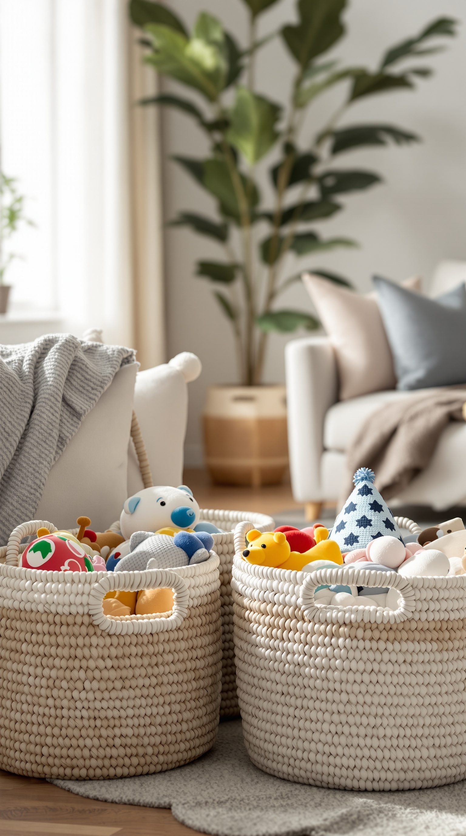 Two stylish woven baskets filled with colorful toys in a cozy living room setting.