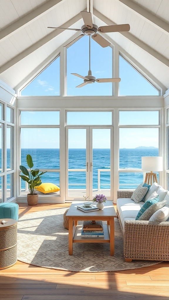 Stylish beach house interior with large windows, ocean view, and cozy seating area